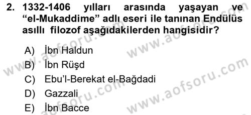 İslam Düşünce Tarihi Dersi 2025 - 2026 Yılı Yaz Okulu Sınav Soruları 2. Soru