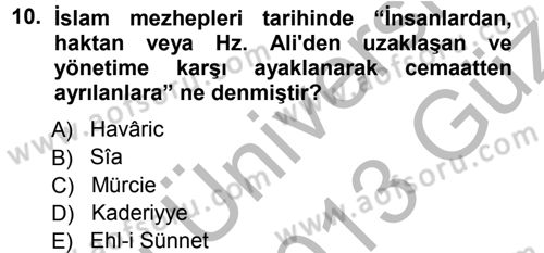 İslam Mezhepleri Tarihi Dersi 2012 - 2013 Yılı (Vize) Ara Sınav Soruları 10. Soru