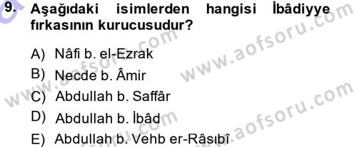 İslam Mezhepleri Tarihi Dersi 2013 - 2014 Yılı (Vize) Ara Sınav Soruları 9. Soru