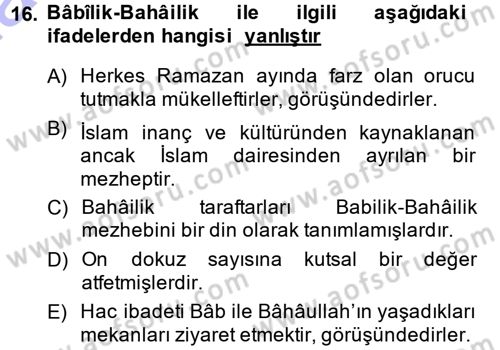 İslam Mezhepleri Tarihi Dersi 2013 - 2014 Yılı (Final) Dönem Sonu Sınav Soruları 16. Soru