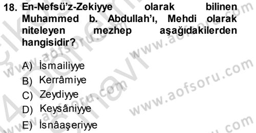 İslam Mezhepleri Tarihi Dersi 2013 - 2014 Yılı Tek Ders Sınav Soruları 18. Soru