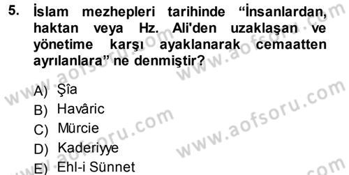 İslam Mezhepleri Tarihi Dersi 2013 - 2014 Yılı Tek Ders Sınav Soruları 5. Soru