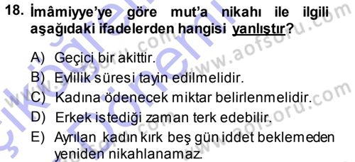 İslam Mezhepleri Tarihi Dersi Ara Sınavı Deneme Sınav Soruları 18. Soru