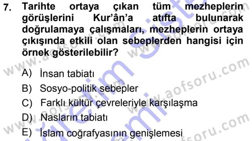 İslam Mezhepleri Tarihi Dersi Ara Sınavı Deneme Sınav Soruları 7. Soru