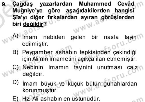 İslam Mezhepleri Tarihi Dersi 2014 - 2015 Yılı Tek Ders Sınav Soruları 9. Soru