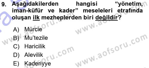 İslam Mezhepleri Tarihi Dersi 2015 - 2016 Yılı (Vize) Ara Sınav Soruları 9. Soru