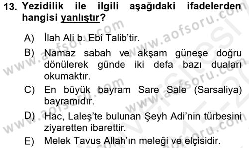İslam Mezhepleri Tarihi Dersi 2015 - 2016 Yılı Tek Ders Sınav Soruları 13. Soru