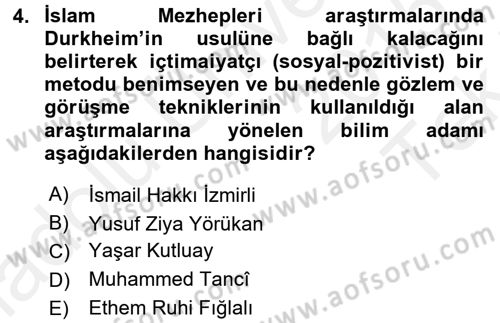 İslam Mezhepleri Tarihi Dersi 2015 - 2016 Yılı Tek Ders Sınav Soruları 4. Soru