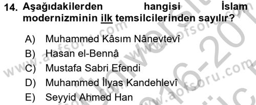 İslam Mezhepleri Tarihi Dersi 2016 - 2017 Yılı 3 Ders Sınav Soruları 14. Soru