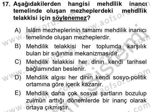 İslam Mezhepleri Tarihi Dersi 2016 - 2017 Yılı 3 Ders Sınav Soruları 17. Soru