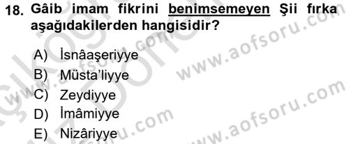 İslam Mezhepleri Tarihi Dersi Ara Sınavı Deneme Sınav Soruları 18. Soru