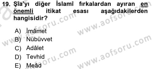 İslam Mezhepleri Tarihi Dersi Ara Sınavı Deneme Sınav Soruları 19. Soru