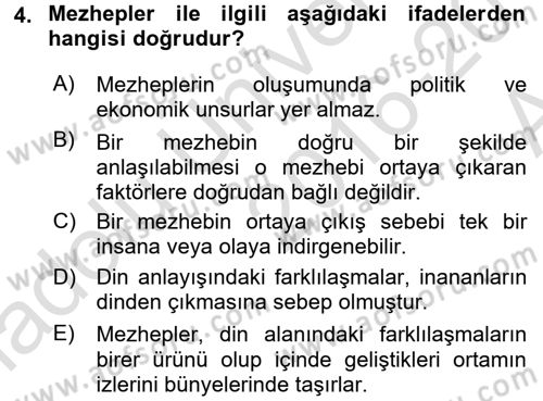 İslam Mezhepleri Tarihi Dersi 2016 - 2017 Yılı (Vize) Ara Sınav Soruları 4. Soru