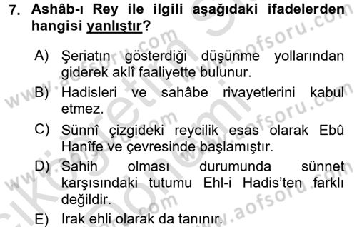 İslam Mezhepleri Tarihi Dersi Ara Sınavı Deneme Sınav Soruları 7. Soru