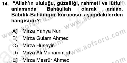 İslam Mezhepleri Tarihi Dersi 2017 - 2018 Yılı 3 Ders Sınav Soruları 14. Soru