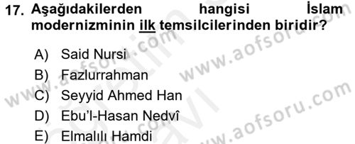 İslam Mezhepleri Tarihi Dersi 2017 - 2018 Yılı 3 Ders Sınav Soruları 17. Soru