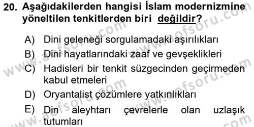 İslam Mezhepleri Tarihi Dersi 2017 - 2018 Yılı 3 Ders Sınav Soruları 20. Soru