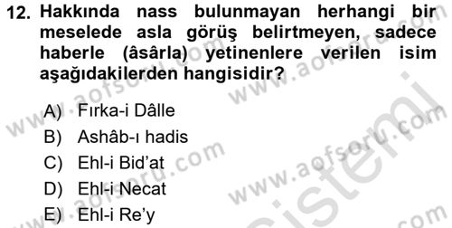 İslam Mezhepleri Tarihi Dersi 2017 - 2018 Yılı (Vize) Ara Sınav Soruları 12. Soru