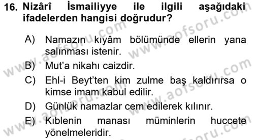 İslam Mezhepleri Tarihi Dersi 2017 - 2018 Yılı (Vize) Ara Sınav Soruları 16. Soru