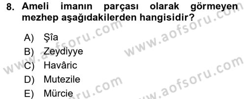 İslam Mezhepleri Tarihi Dersi 2017 - 2018 Yılı (Vize) Ara Sınav Soruları 8. Soru