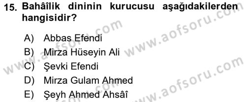 İslam Mezhepleri Tarihi Dersi 2017 - 2018 Yılı (Final) Dönem Sonu Sınav Soruları 15. Soru