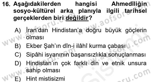 İslam Mezhepleri Tarihi Dersi 2017 - 2018 Yılı (Final) Dönem Sonu Sınav Soruları 16. Soru