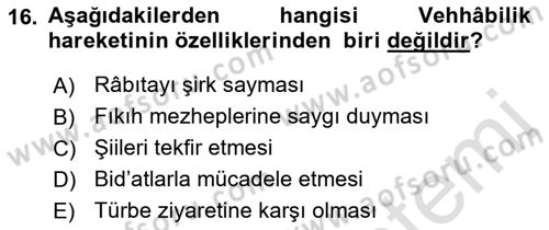 İslam Mezhepleri Tarihi Dersi 2018 - 2019 Yılı 3 Ders Sınav Soruları 16. Soru