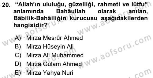İslam Mezhepleri Tarihi Dersi 2018 - 2019 Yılı 3 Ders Sınav Soruları 20. Soru