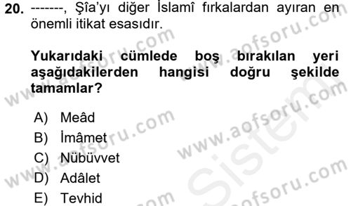 İslam Mezhepleri Tarihi Dersi 2018 - 2019 Yılı (Vize) Ara Sınav Soruları 20. Soru