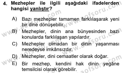 İslam Mezhepleri Tarihi Dersi 2018 - 2019 Yılı (Vize) Ara Sınav Soruları 4. Soru