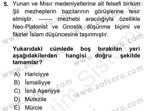 İslam Mezhepleri Tarihi Dersi 2018 - 2019 Yılı (Vize) Ara Sınav Soruları 5. Soru