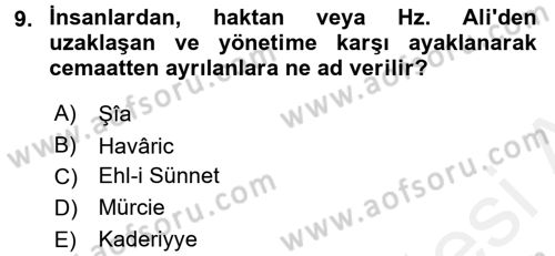 İslam Mezhepleri Tarihi Dersi 2018 - 2019 Yılı (Vize) Ara Sınav Soruları 9. Soru