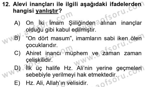 İslam Mezhepleri Tarihi Dersi 2018 - 2019 Yılı (Final) Dönem Sonu Sınav Soruları 12. Soru