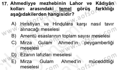 İslam Mezhepleri Tarihi Dersi 2018 - 2019 Yılı (Final) Dönem Sonu Sınav Soruları 17. Soru