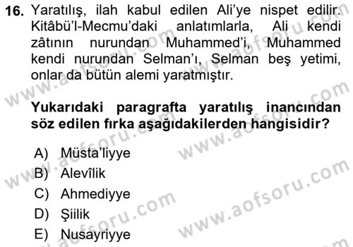 İslam Mezhepleri Tarihi Dersi 2020 - 2021 Yılı Yaz Okulu Sınav Soruları 16. Soru