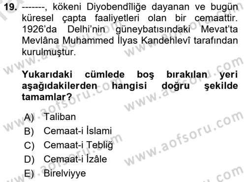 İslam Mezhepleri Tarihi Dersi 2020 - 2021 Yılı Yaz Okulu Sınav Soruları 19. Soru