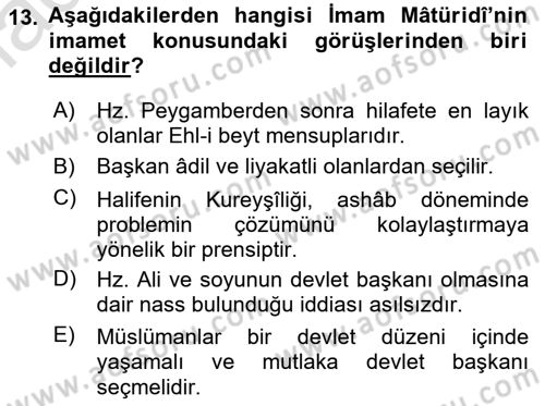 İslam Mezhepleri Tarihi Dersi Ara Sınavı Deneme Sınav Soruları 13. Soru