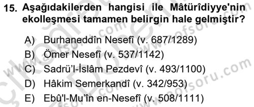 İslam Mezhepleri Tarihi Dersi 2021 - 2022 Yılı (Vize) Ara Sınav Soruları 15. Soru