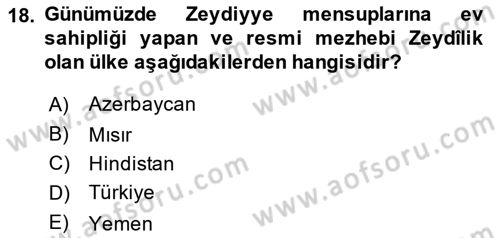 İslam Mezhepleri Tarihi Dersi Ara Sınavı Deneme Sınav Soruları 18. Soru
