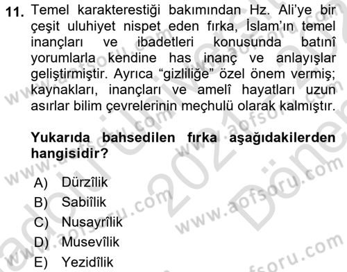 İslam Mezhepleri Tarihi Dersi 2021 - 2022 Yılı (Final) Dönem Sonu Sınav Soruları 11. Soru