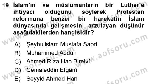 İslam Mezhepleri Tarihi Dersi 2021 - 2022 Yılı (Final) Dönem Sonu Sınav Soruları 19. Soru