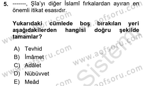 İslam Mezhepleri Tarihi Dersi 2021 - 2022 Yılı (Final) Dönem Sonu Sınav Soruları 5. Soru