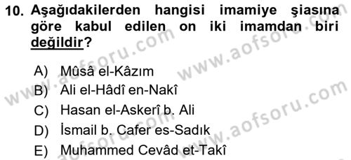 İslam Mezhepleri Tarihi Dersi 2021 - 2022 Yılı Yaz Okulu Sınav Soruları 10. Soru
