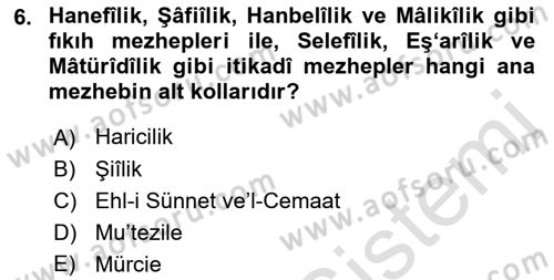 İslam Mezhepleri Tarihi Dersi 2021 - 2022 Yılı Yaz Okulu Sınav Soruları 6. Soru