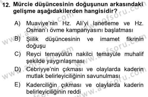 İslam Mezhepleri Tarihi Dersi 2022 - 2023 Yılı (Vize) Ara Sınav Soruları 12. Soru