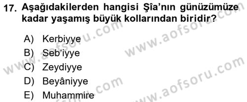 İslam Mezhepleri Tarihi Dersi Ara Sınavı Deneme Sınav Soruları 17. Soru
