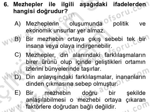 İslam Mezhepleri Tarihi Dersi 2022 - 2023 Yılı (Vize) Ara Sınav Soruları 6. Soru