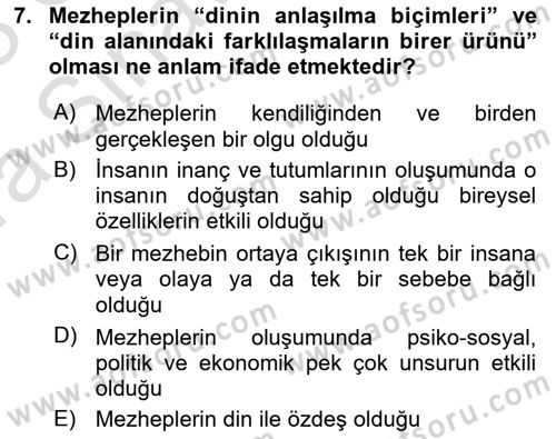 İslam Mezhepleri Tarihi Dersi Ara Sınavı Deneme Sınav Soruları 7. Soru