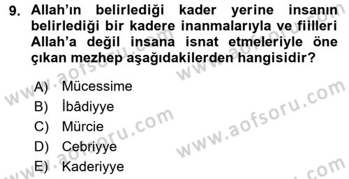 İslam Mezhepleri Tarihi Dersi Ara Sınavı Deneme Sınav Soruları 9. Soru