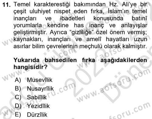 İslam Mezhepleri Tarihi Dersi 2022 - 2023 Yılı (Final) Dönem Sonu Sınav Soruları 11. Soru